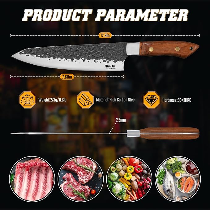 Huusk Japanese Chef Knife 8 inch, Hand Forged Kitchen Knives with Ergonomic Full Tang Handle, High Carbon Steel Cooking Knife for Home Kitchen, BBQ, Camping, Christmas Gifts for Man