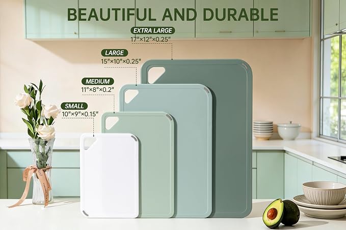 THETCHRY Plastic Cutting Board Set of 4, Extra Large Cutting Board for Kitchen with Non-Slip, Large -Small Chopping Board for Cooking, Bpa Free, with Grip Handle,Green
