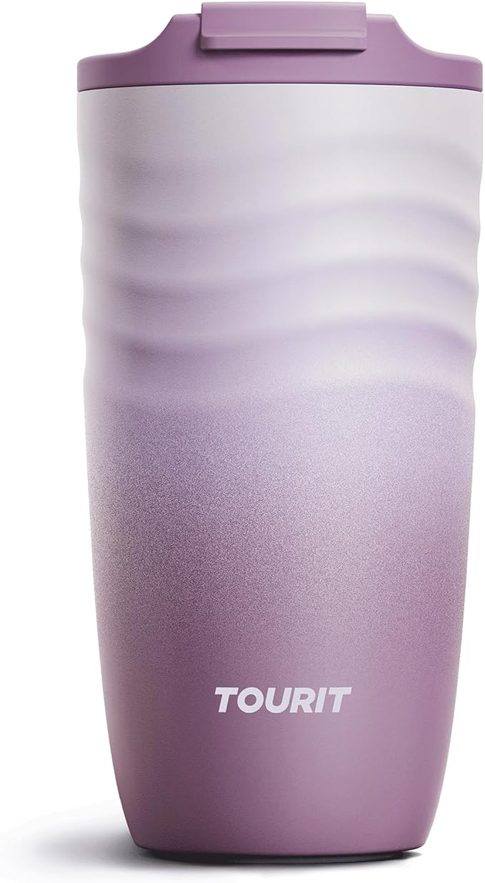 TOURIT 16 oz Travel Coffee Mug, Vacuum Insulated Stainless Steel Tumbler with Ripple-Wave Anti-Slip Grip, Built-in Silicone Bottom for Quiet & Stable, Leak-Proof Lid, Fits Car Cup Holder, Mist Purple