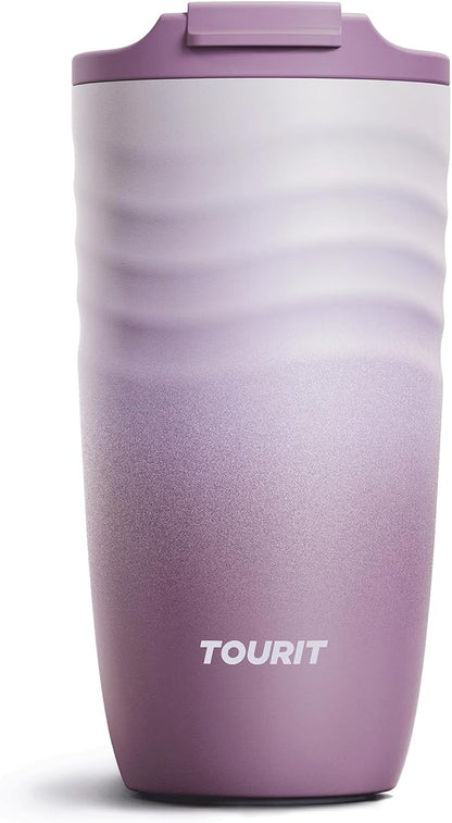 TOURIT 16 oz Travel Coffee Mug, Vacuum Insulated Stainless Steel Tumbler with Ripple-Wave Anti-Slip Grip, Built-in Silicone Bottom for Quiet & Stable, Leak-Proof Lid, Fits Car Cup Holder, Mist Purple