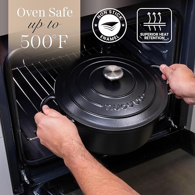 Cast Iron Pot with Lid-Non-Stick Ovenproof Enamelled Casserole Pot, Oven Safe up to 500° F-Sturdy Dutch Oven Cookware - Black, 5-Quart, 24cm-by Nuovva