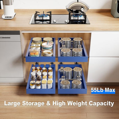 Mustorn 2 Pack Pull Out Cabinet Organizer,21.8" Deep Slide Out Drawer for Cabinets Adhesive Pull Out Drawers Heavy Duty Pull Out Shelves for Kitchen,Cupboard,Pantry,Bathroom-Blue
