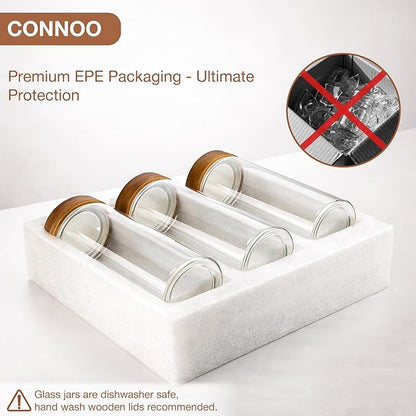 CONNOO 40oz Airtight Glass Storage Containers with Wood Lids (3-Pack) – Includes 120 Pre-Printed Waterproof White Kitchen Labels – Tall Pantry Canisters for Flour, Pasta & Cereal