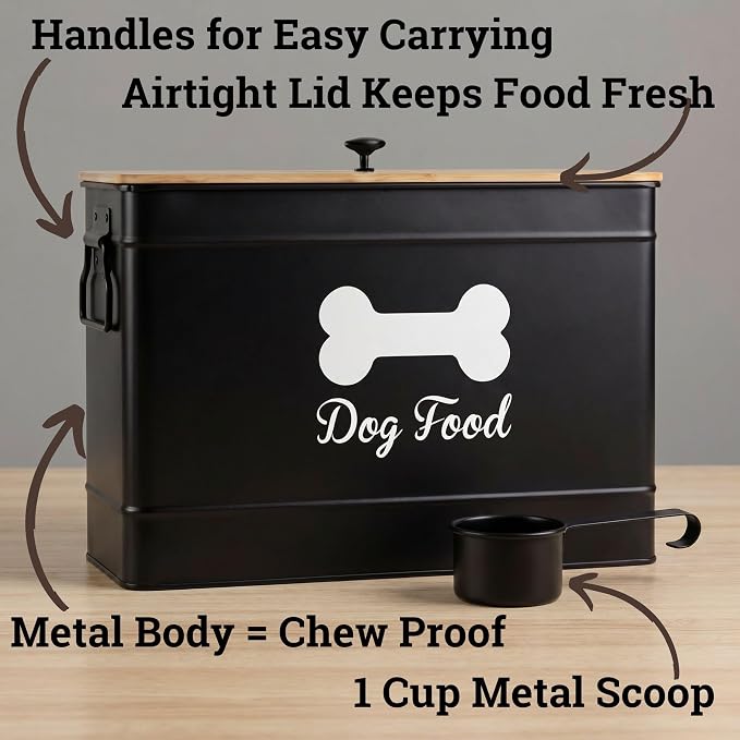 Dog Food Container Airtight 15-20 lb (70 Cup) Capacity with Metal Scoop - Cute Airtight Dog Food Storage Container with Bamboo Lid - Black Metal Kibble Storage Bin for Dogs up to 100 lbs - Big Pet Jar