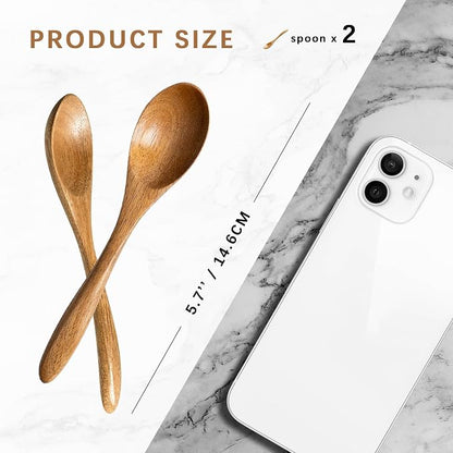 2 PCS Small Wooden Spoons, 5.8 Inch Honey Spoons for Tea, Acacia Wooden Honey Teaspoon for Coffee, Little Tiny Wood Spoons, Bamboo Table Spoon for stirring, Wooden Spoons for Utensils Set