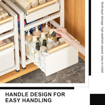 2 Tier Pull-out Storage Organizer, Slide Out Kitchen Cabinet Storage Sliding Shelves, Under Sink Organizers Drawer, Mesh Cabinet Basket with Handle for Bathroom, Home(White, Single Layer S)