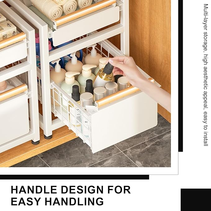 2 Tier Pull-out Storage Organizer, Slide Out Kitchen Cabinet Storage Sliding Shelves, Under Sink Organizers Drawer, Mesh Cabinet Basket with Handle for Bathroom, Home(Gray,Double Layer L)