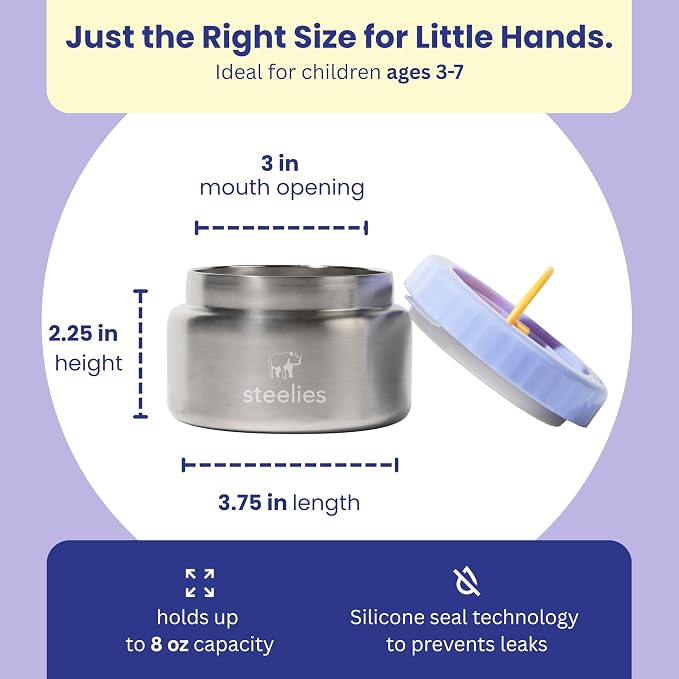 8oz Vacuum Sealed Compact Stainless Steel Insulated Food Container for Hot & Cold Food for Kids, Easy to Open No Twisting Lid, 100% Leak Proof (Purple)