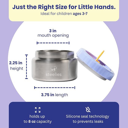 8oz Vacuum Sealed Compact Stainless Steel Insulated Food Container for Hot & Cold Food for Kids, Easy to Open No Twisting Lid, 100% Leak Proof (Purple)