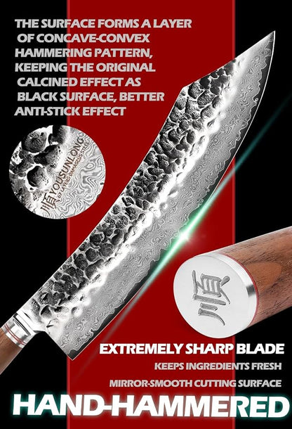 YOUSUNLONG Butcher Knife 12 inch Max Breaking Cimitar Knife - Japanese Hammer Damascus Steel - Natural Walnut Handle with Leather Sheath