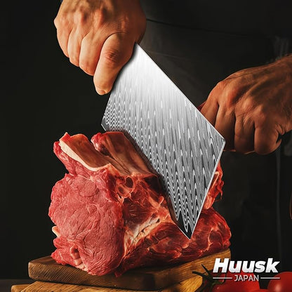 Huusk Stainless Meat Cleaver Knife 7" - Butcher Knife for Meat Cutting with Resin Handle, Heavy Duty Vegetable Chopping Knives with Full Tang Blade, Japanese High Carbon Steel, Gift Idea for Men Women