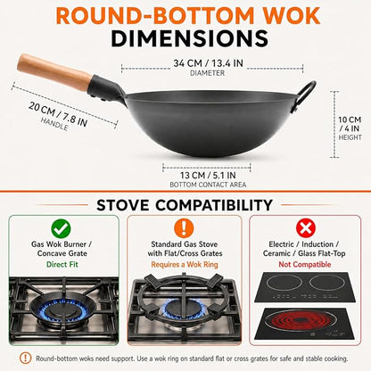 WANGYUANJI 13.4 Inch Round Bottom Carbon Steel Wok, Nitrided Iron Chinese Stir Fry Pan for Gas Wok Burner, Wok Ring Needed for Flat Gas Grates, Wooden Handle