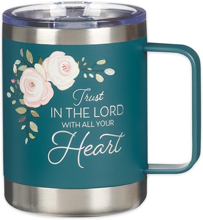 Christian Art Gifts Reusable Stainless Steel Double Wall Vacuum Insulated Camp Style Travel Mug w/Handle for Women: Trust in the Lord Inspirational Bible Verse, BPA-free Retractable Lid, Teal, 11 oz.