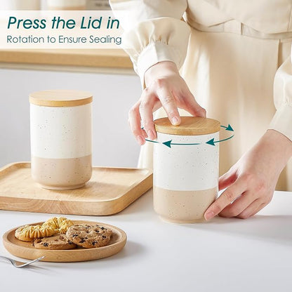 vancasso Sabine Ceramic Canister Set with Airtight Wood Lids - 4-Piece Small Kitchen Storage for Coffee, Sugar, Tea & Spices (18 oz Each) - Compact Countertop Jars