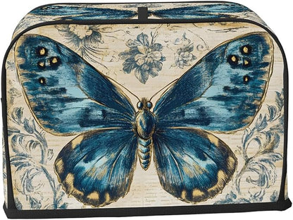 4 Slice Blue Butterfly Vintage Toaster Cover Waterproof Dust Fingerprint Bread Machine Cover Washable Kitchen Appliance Protector For Home Kitchen Bakeware Table Decor Women Gifts