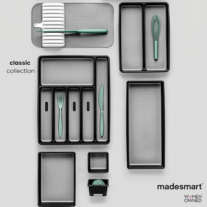 madesmart Classic Compact Silverware Tray with Soft Grip Lining, Carbon | Nonslip feet, 5 compartments, small drawer fit, forks, knives, spoons, cutlery, flatware