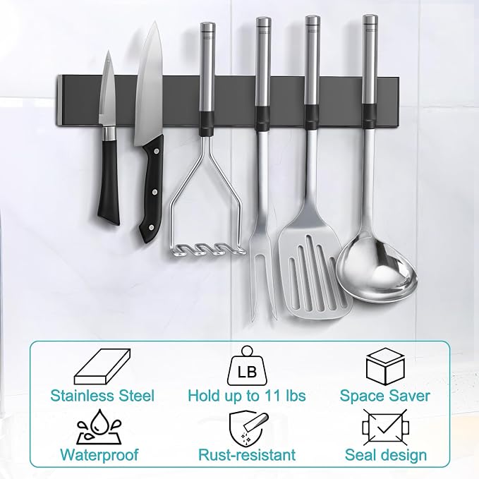 Knife Magnetic Strip With 3 Hooks, 14" Magnetic Knife Holder for Wall Mount Fridge Refrigerator, No Drill Knife Magnet Tool Holder Bar Adhesive Backing, Kitchen Organizer Knives Block RV Accessories