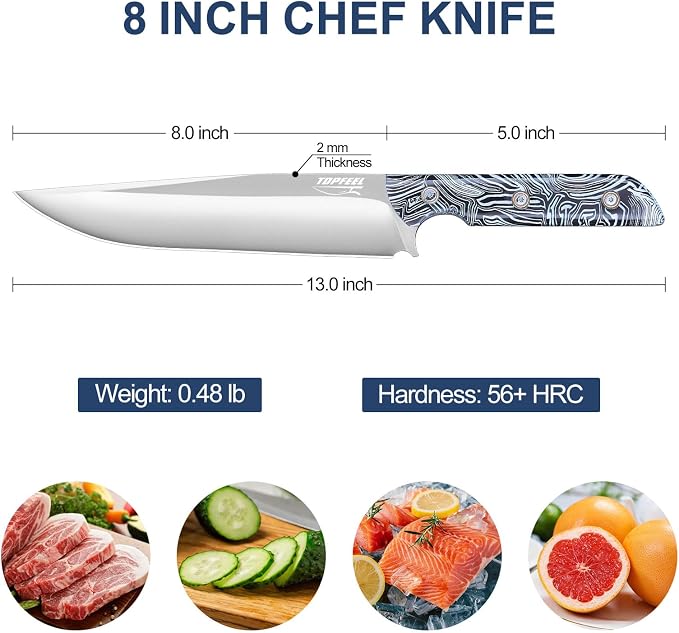 Topfeel 8 Inch Chef Knife, Japanese High Carbon Stainless Steel Professional Sharp Kitchen Knife with Artistic Handle, Unique Gifts for Men and Women, Kitchen Gadgets with Premium Gift Box
