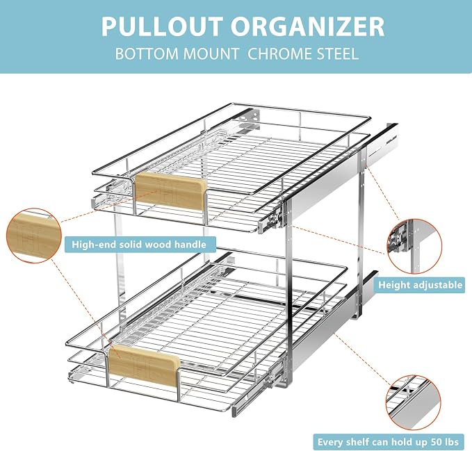 LOVMOR 2 Tier Pull Out Cabinet Organizer 13½" W x 21½" D, Slide Out Drawers with Wooden Handle, Sliding Shelves Organization and Storage for Kitchen, Pantry