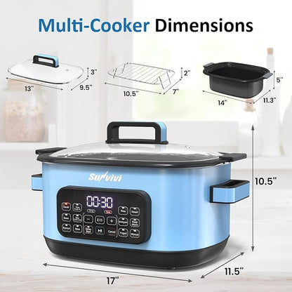12-in-1 Multicooker, 6.5QT Slow Cooker Roaster Oven, Digital Programmable Multi Functional Pot with Timer Temp Control Delay Start Glass Lid Removable Nonstick Pot, Roast/Steam Rack, Blue