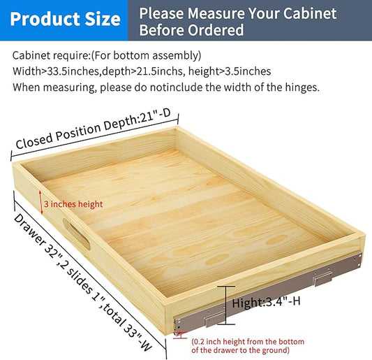 2 Set Pull Out Cabinet Organizer, Soft Close Slide Out Wood Drawer Storage Shelves for Kitchen, Base Cabinet Organization for Pantry, Finished, Heavy-Duty, Bottom Assembly (33” W x 21” D)