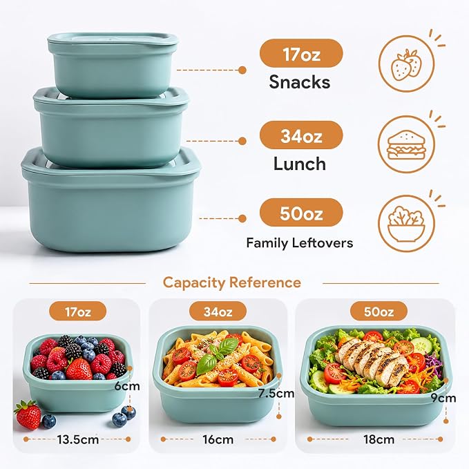 3 Pack Food Storage Containers with Easy-Open Vent Lids, Leak Resistant BPA-Free Meal Prep Containers, Microwave Freezer Dishwasher Safe, Stackable Food Containers, Tea Green，17oz 34oz 51oz