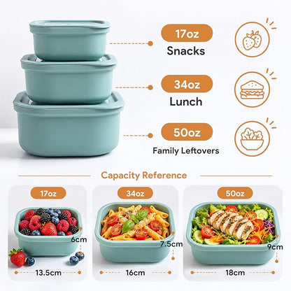 3 Pack Food Storage Containers with Easy-Open Vent Lids, Leak Resistant BPA-Free Meal Prep Containers, Microwave Freezer Dishwasher Safe, Stackable Food Containers, Tea Green，17oz 34oz 51oz