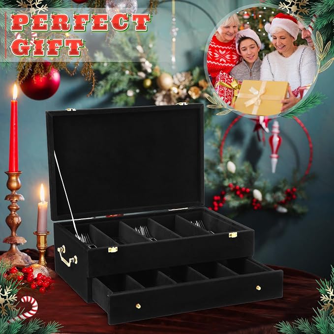 Pickmesh Silverware Case with Lid and Handle, Silverware Storage Box Sterling Silver Flatware Chest Without Silver Tarnish Proof Utensils Organizer for Kitchen Decor Wedding Gifts (Black,2 Layer)