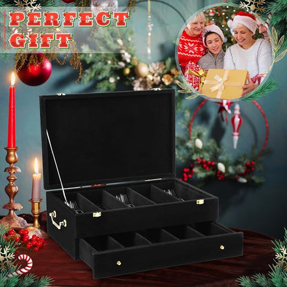 Pickmesh Silverware Case with Lid and Handle, Silverware Storage Box Sterling Silver Flatware Chest Without Silver Tarnish Proof Utensils Organizer for Kitchen Decor Wedding Gifts (Black,2 Layer)