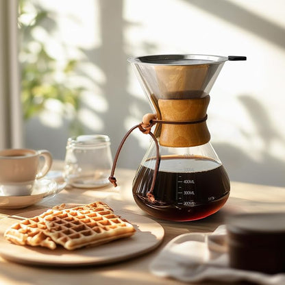 Pour Over Coffee Maker 20 OZ, 6 Cup Borosilicate Glass Drip Coffee Maker with Reusable Stainless Steel Filter and Cork Grip for Home Café 600 ML