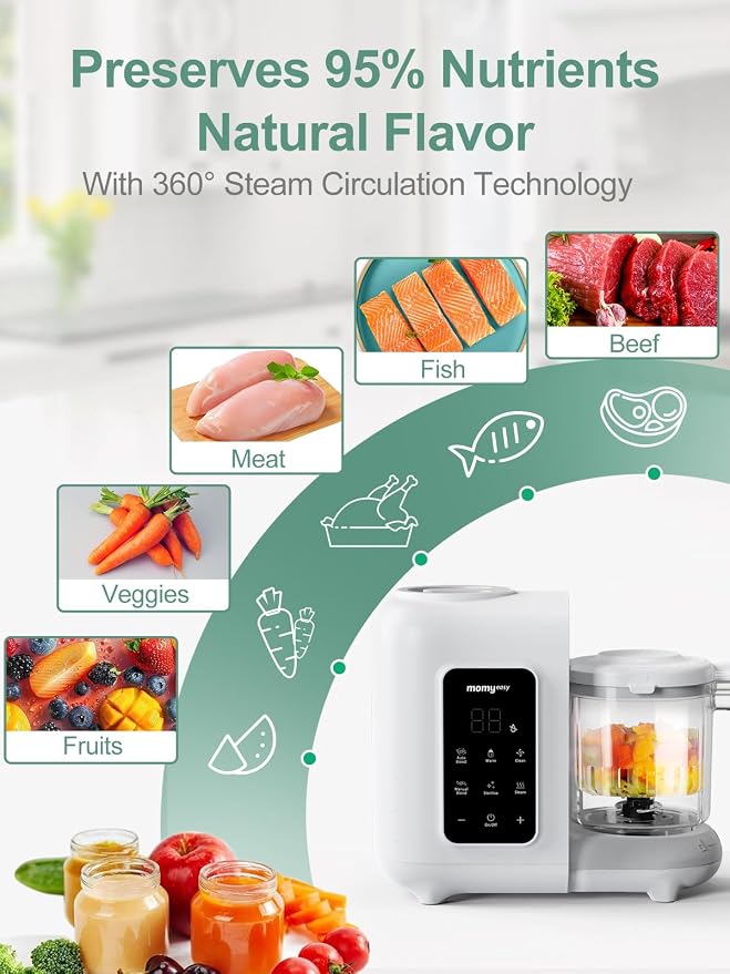 MOMYEASY Baby Food Maker, Baby Food Steamer and Puree Blender, Food Processor Chopper Grinder Steamer in-One, Auto Cooking & Grinding with Touch Control Panel&Self Cleans, BPA-Free