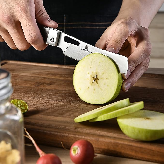 ZhengSheng Folding Chef Knife with Nylon Pouch 4.8" Sharp 440A Stainless Steel Blade Wooden Handle Pocket Foldable Japanese Style Kitchen Knife for Outdoor Camping Cooking
