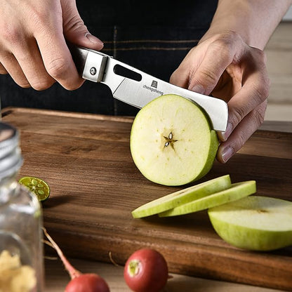 ZhengSheng Folding Chef Knife with Nylon Pouch 4.8" Sharp 440A Stainless Steel Blade Wooden Handle Pocket Foldable Japanese Style Kitchen Knife for Outdoor Camping Cooking