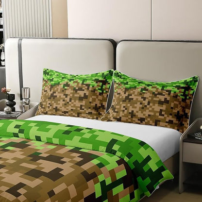 Castle Fairy Full Size Duvet Cover Pixelated Style Square Grid 100% Pure Cotton Comforter Cover Brown Green Army Camo Bedding Set with 2 Pillowcases (Not Comforter) Cartoon Gamepad Modern Quilt Cover