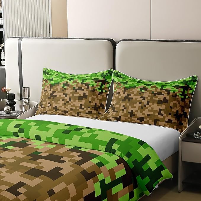 Pixelated Style Square Grid 100% Nature Cotton Duvet Cover Brown Green Army Camo Comforter Cover Twin Size with 1 Pillowcase Cartoon Gamepad Modern Aesthetic Luxury Bedding Set (No Filler)