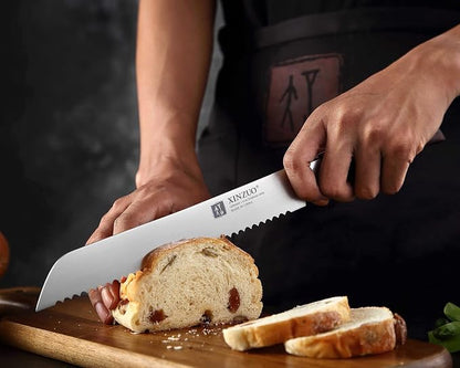 XINZUO 8 Inch Serrated Bread Knife for Homemade Bread Sourdough,German Stainless Steel,Multifunction Bread Cutting Knife with Red Sandalwood Handle