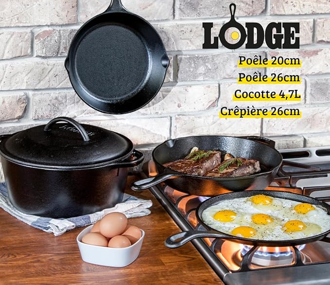 Lodge Cast Iron Set - 5-Piece Set - Pre-Seasoned Kitchen Set - Skillets, Griddle & Dutch Oven Included - PFAS-Free Non-Toxic Cookware