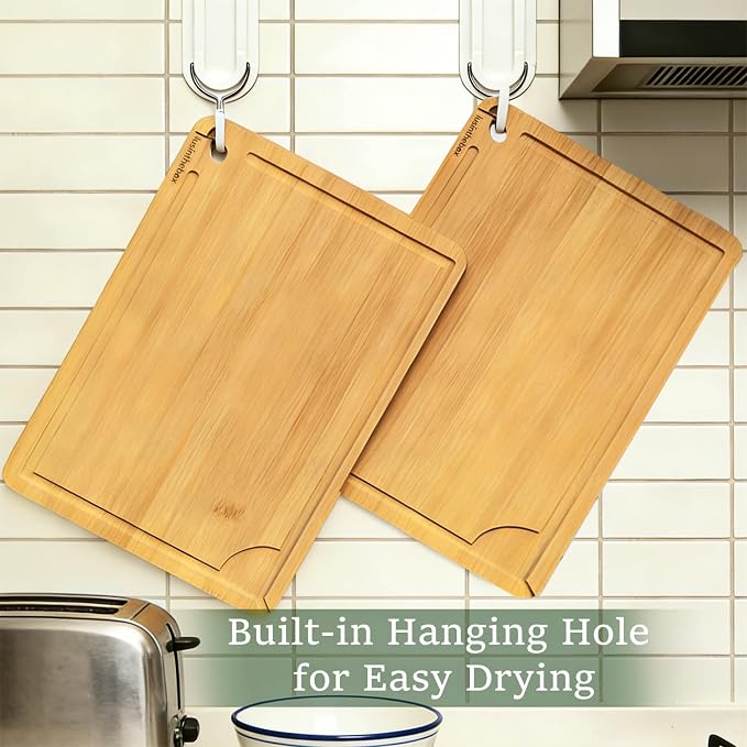 Cutting Board Set of 2, L and XL Bamboo Chopping Boards for Kitchen, Butcher Block Cutting Boards with Side Handles for Meat, Vegetables, Fruit, Meal Prep and Daily Cooking