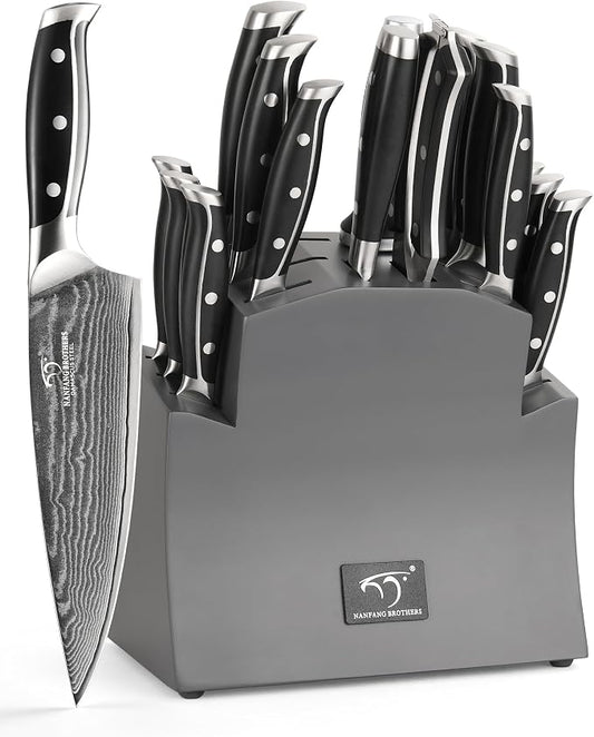 16-Piece Damascus Knife Set with Block, VG10 67-Layer Damascus Steel Kitchen Knife Set with Triple-Rivet Handles, 6 Steak Knives, Meat Fork, Sharpener & Scissors, Gray