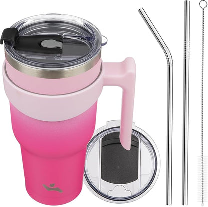 Konokyo 40 oz Tumbler with Handle and 2 Straw 2 Lid, Insulated Water Bottle Stainless Steel Vacuum Cup Reusable Travel Mug, Cherry
