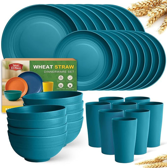 Teivio 32-Piece Kitchen Plastic Wheat Straw Dinnerware Set, Service for 8, Dinner Plates, Dessert Plate, Cereal Bowls, Cups, Unbreakable Colorful Plastic Outdoor Camping Dishes, Dark Blue
