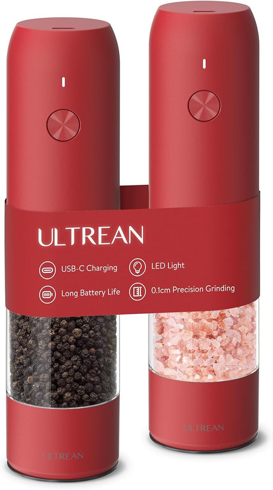 Ultrean Pepper Grinder, Rechargeable Salt and Pepper Grinder with 6 Adjustable Coarseness, LED Light, Automatic Salt and Pepper Shakers, Cooking Gifts Valentines Day Gifts for Women, Crimson Red