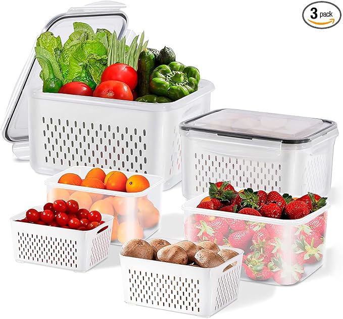 3pcs 4 in 1 Fruit Containers for Fridge with Removable Colanders and Lids, Airtight Storage Container to Keep Fruits, Vegetables, Berry, Meat Fresh Longer, Dishwasher & Microwave Safe
