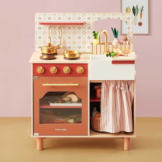 Tiny Land Play Kitchen for Toddlers, Wooden Kids Kitchen Playset with Cutting Food & Cookware, Oven, Clicking Knobs, Stove and Sink, Small Kitchen Toy Gift for Kids, Girls & Boys - Warm Retro