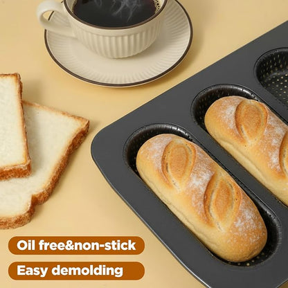 2 Pcs Hot Dog Bun Pan, 4 Cavity Perforated Carbon Steel Bread Loaf Pan, Nonstick & Heat Resistant for Homemade Buns, Mini Baguettes & Sandwich Baking, Bun Rolls, Dishwasher Safe (PFOA-FREE)