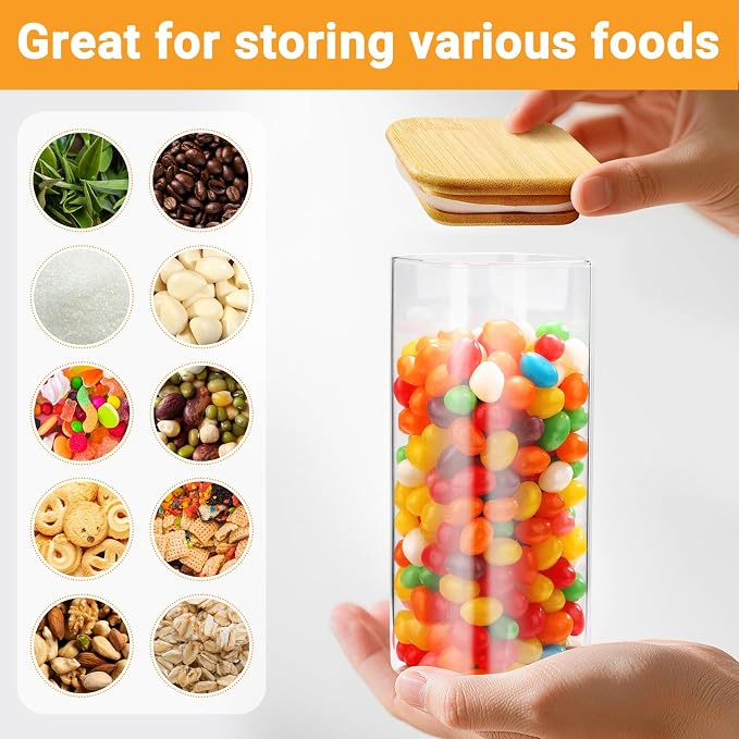 Glass Jars with Bamboo Lids, 2 Pack 13 Fl.oz Square Glass Canister with Airtight Lids, Clear Spice Jars Sugar Coffee Containers for Tea, Candy, Oats - Included Labels, Spoon and Marker