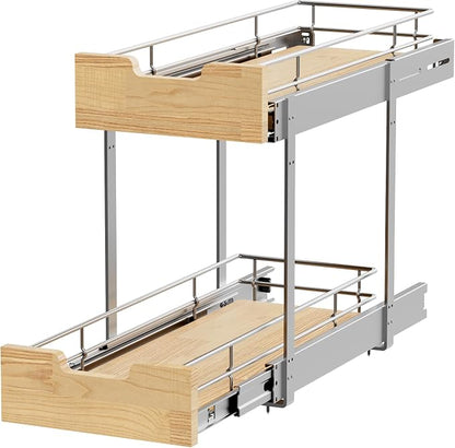 Sikarou Pull Out Cabinet Organizer,Heavy-Duty Slide Out Shelf, Wood and Wire Basket, Pull Out Drawer for for Kitchen Under Sink Space, Pantry, Bathroom, 2 Tie 9 * 21 in