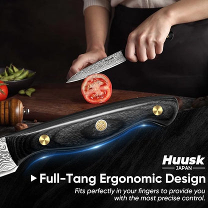 Huusk Damascus Chef Knife Set 3 PCS，VG10 Santoku Knives set，Damascus Kitchen Utility Knives set with Ebony Handle, Paring Knives Set for Meat Vegetable Fruit, Christmas Gift for Men and Women