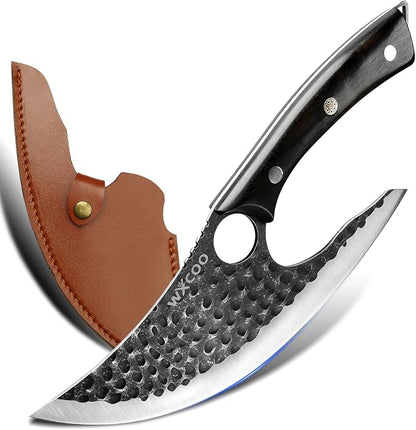 Ulu Knife with Sheath - Ultimate - Hand Forged Caveman Ultimo Knife with Full Tang Ergonomic Wooden Handle & Copper Inlay - BBQ Knives for Vegetables, Fruit, Pizza, and Outdoor Adventures