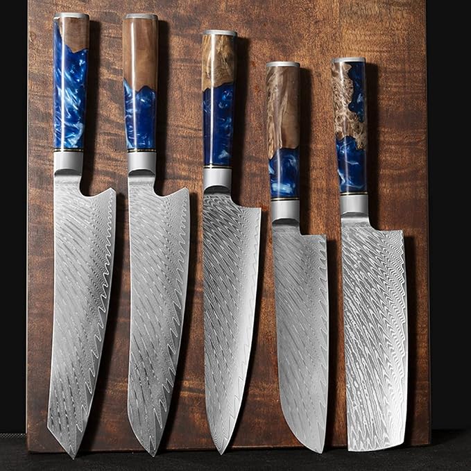 Real Damascus Steel Santouku Knife VG-10 Core Japanese Steel Kitchen Knives for Meat & Vegetable, Cooking Cutlery with Sheath